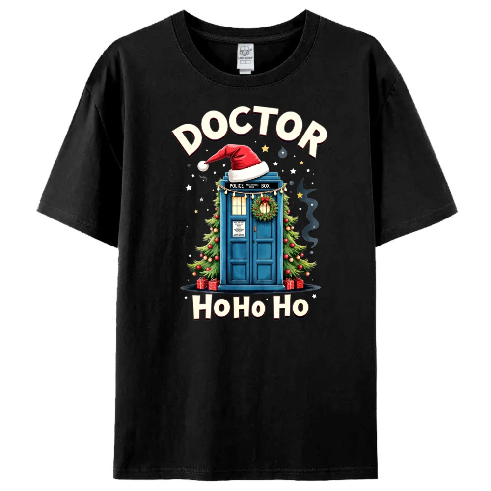Unisex Short Sleeve T Shirt Christmas Doctor Who Tardis Santa Hat Wreath Ho Ho Ho Graphic Tee Holiday Top Gift for Fans Family