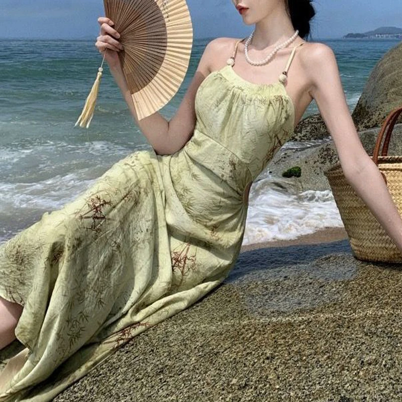 여성 섹시한 홀터넥 백 레스 컷 아웃 셔링 파티 우아한 드레스 여름 중국 스타일 빈티지 프린트 민소매 슬림 드레스 베스 티드