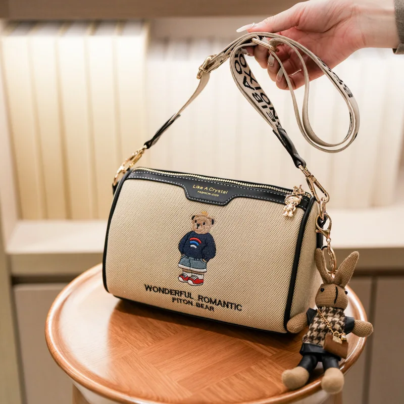 

Fashionable Embroidered Canvas Crossbody Bag Women's Shoulder Casual Pillow Bag with Texture And Cartoon Bear Model
