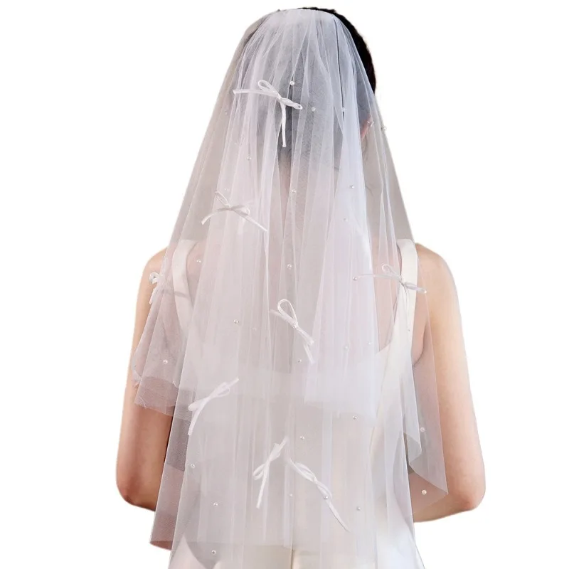 Veil Bride Main Wedding Bow Pearl Headdress Proposal Certificate Photo Prop Wedding Hijab