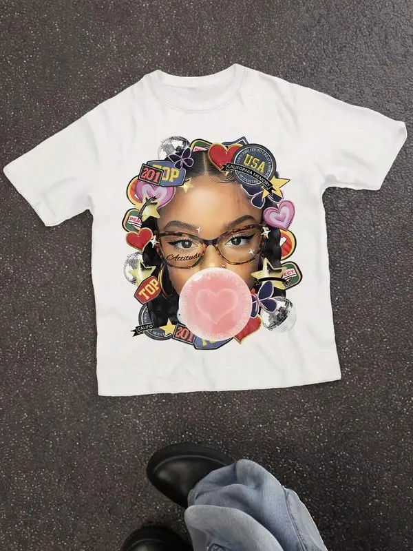 

Women's Letter & Graphic Print Round Neck Tee, Fashion Casual Crew Neck T-shirt for Daily Holiday Vacation Outdoor Wear, Ladies