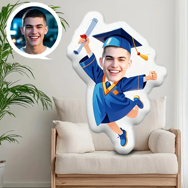 A Custom Graduation Ceremony Throw Pillow Featuring a Personalized Face and Body Pattern Design, Double-sided Printing. Suitable