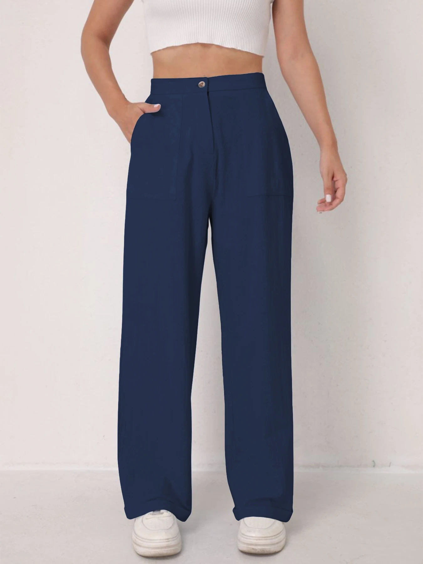Women's solid color trousers, spring and summer high-waisted casual pants for commuting to work, simple loose nine-point pants