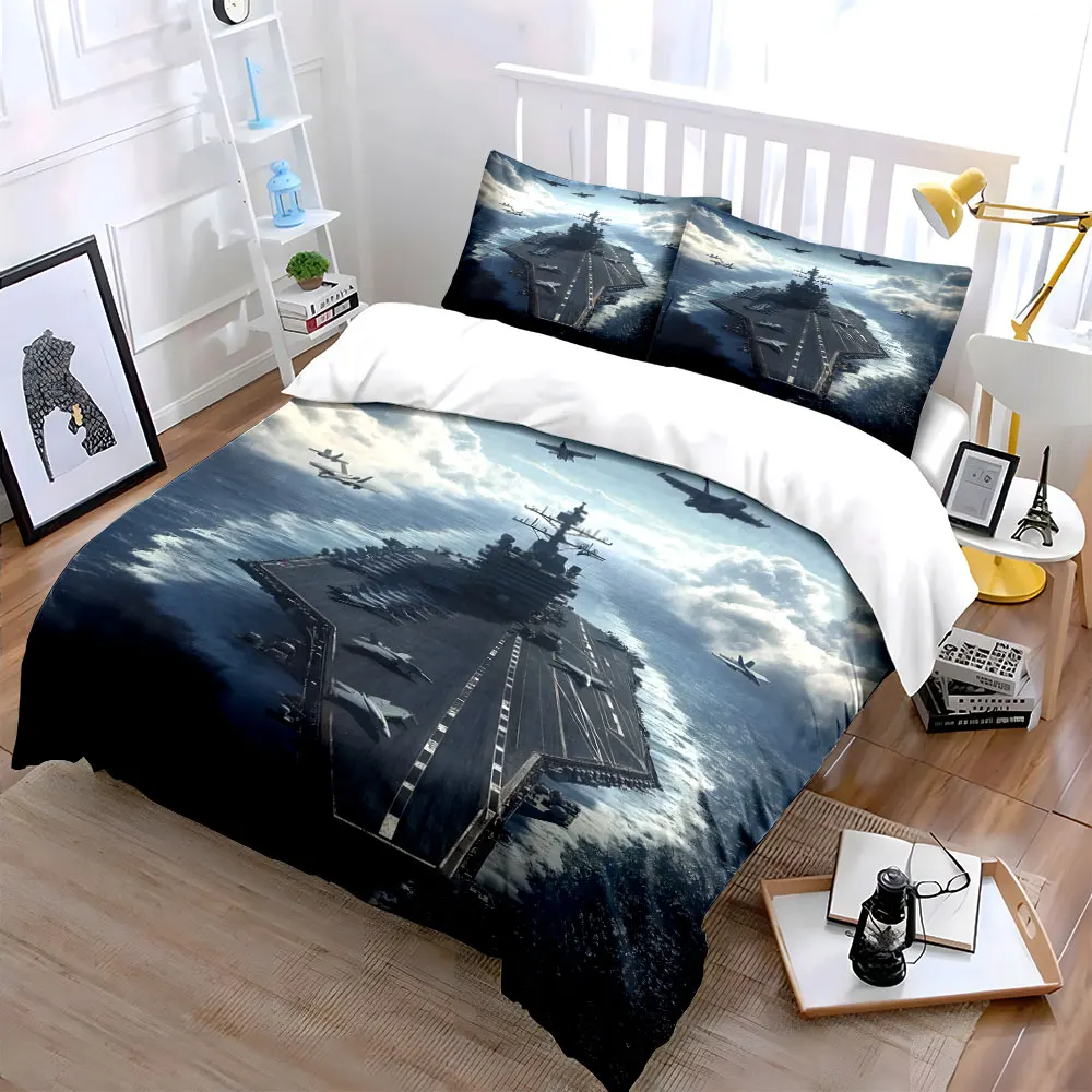 Aircraft Carrier and Fighter Jets Flying Print Bedding Set 1 Duvet Cover 2 Pillowcases for Adult and Children Luxury Gift