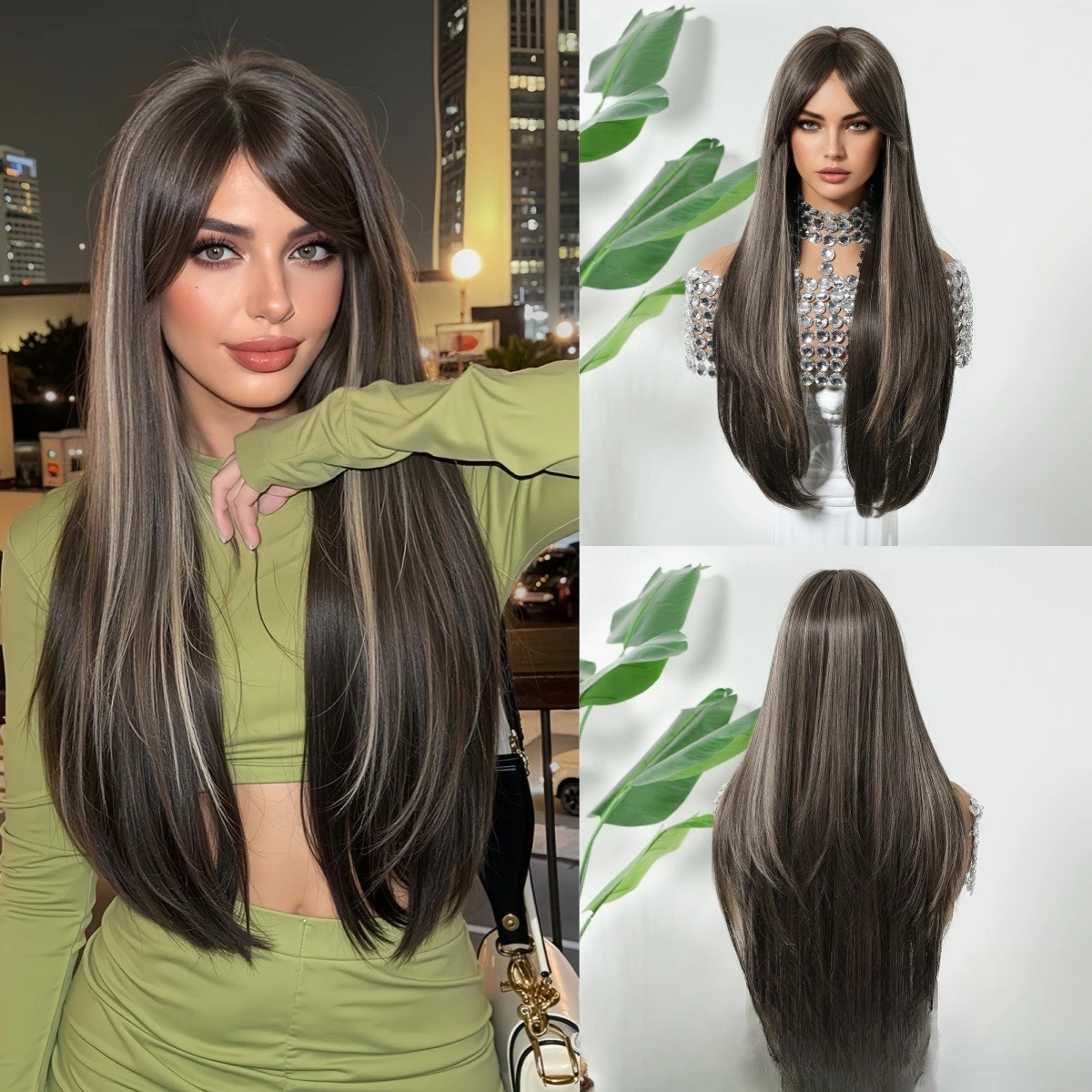 

European and American wigs, brown highlights, long straight hair, women's smooth temperament, chemical fiber headgear, rose mesh