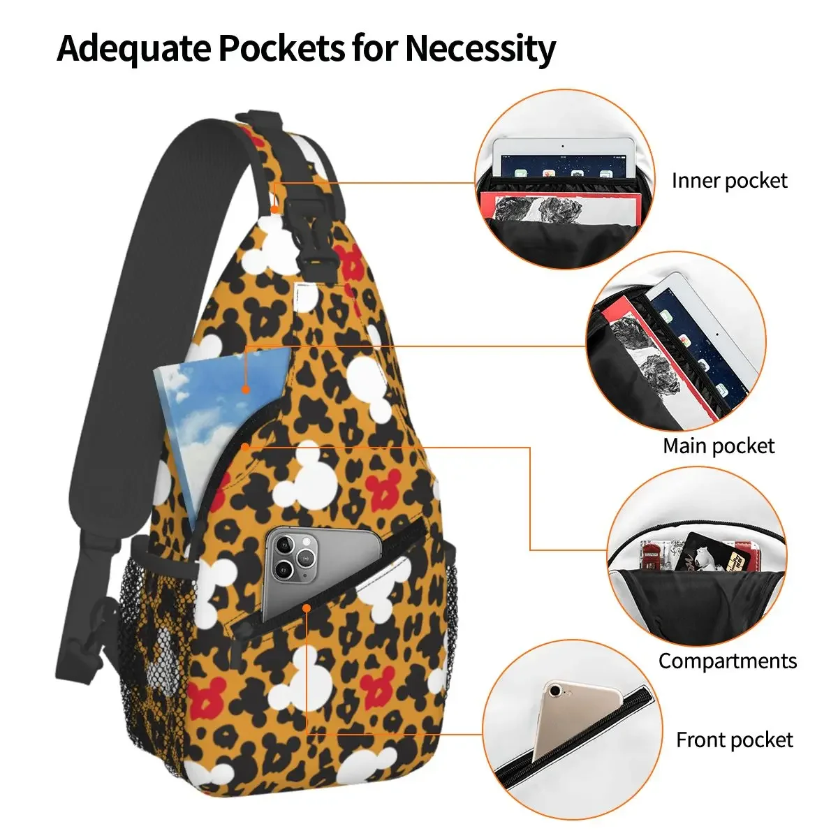 Minnie Mouse Leopard Sling Bags Chest Crossbody Shoulder Backpack Outdoor Hiking Daypacks Pattern School Bags