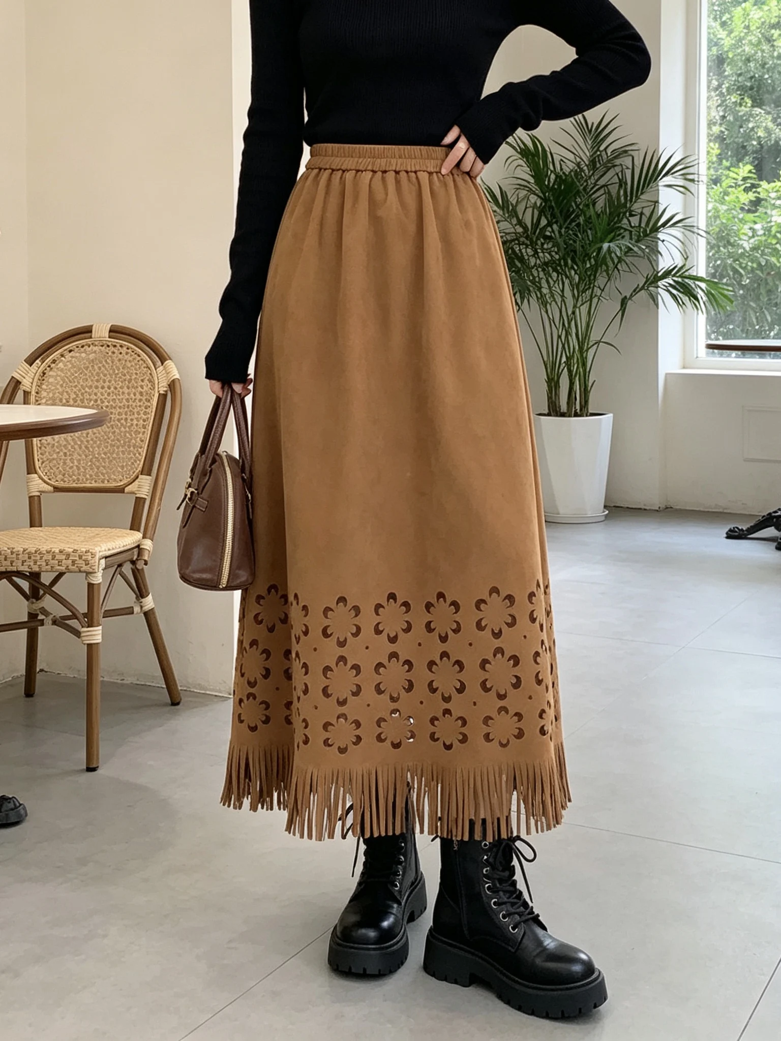 Retro Suede Long Skirt with Tassel Hollow out Design High Waist Straight Cut Commute Style Women's  Skirt Autumn 2026
