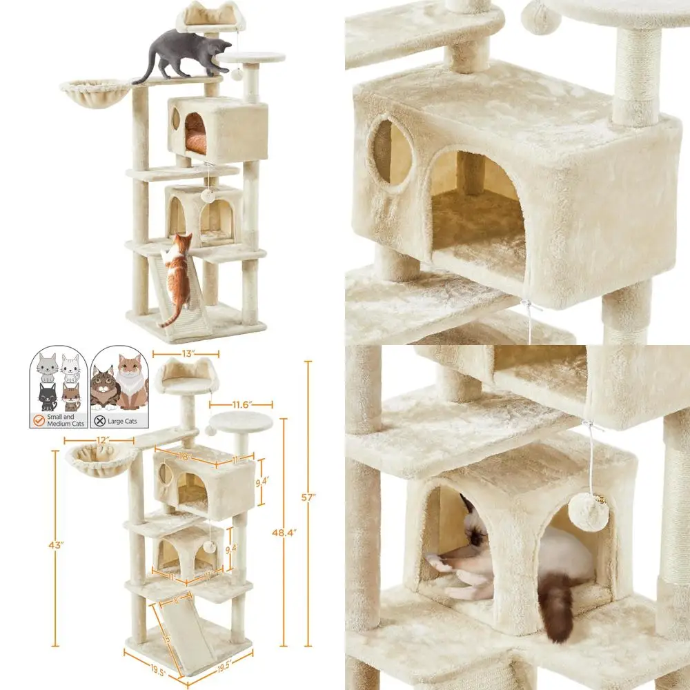 شجرة قطط داخلية مقاس 57 بوصة مع مستويات متعددة، وجثم، وألعاب معلقة