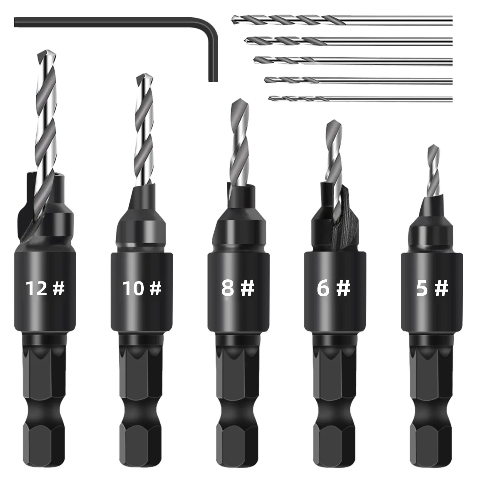 

Набор сверл с зенковкой по дереву, 5 шт., с шестигранным хвостовиком 1/4 дюйма и шестигранным ключом, набор фрез с зенковкой для винтов для деревообработки