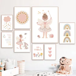 Kawaii Angel Girls Rabbit Sun Rainbow Cloud Cartoon Children Posters Canvas Painting Wall Art Print Picture Baby Kids Room Decor
