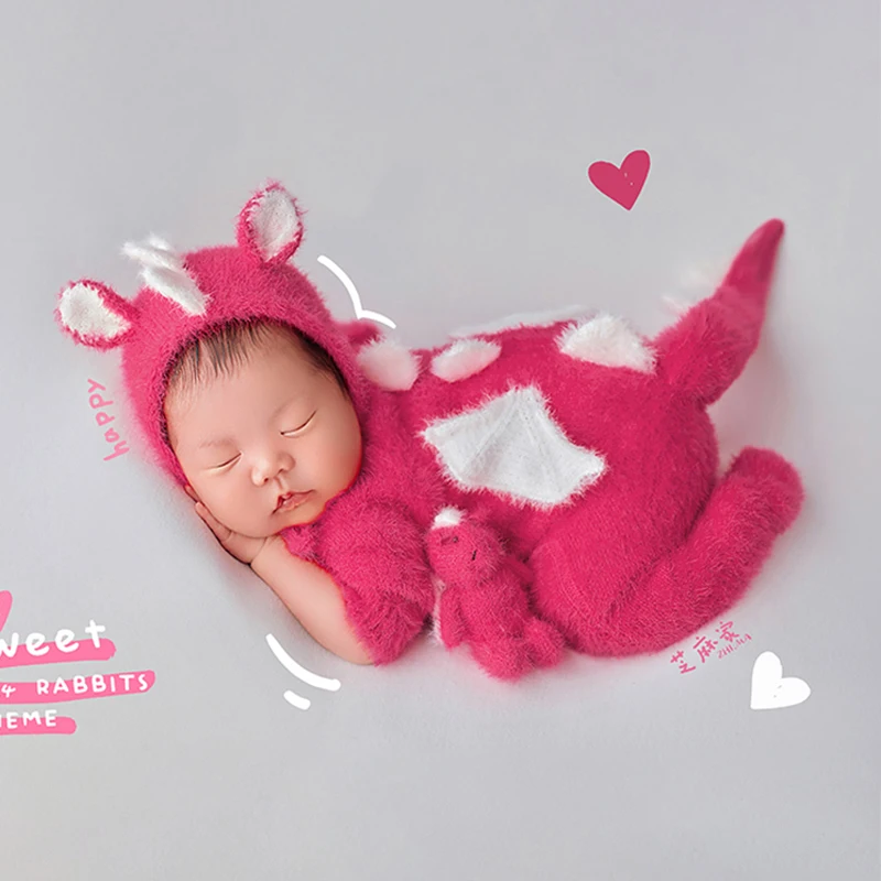 0-1 Months Newborn Photography Clothes Cute Knitted Dinosaur Jumpsuit With Tail Handmade Mohair Doll Studio Babyphotoshoot Props