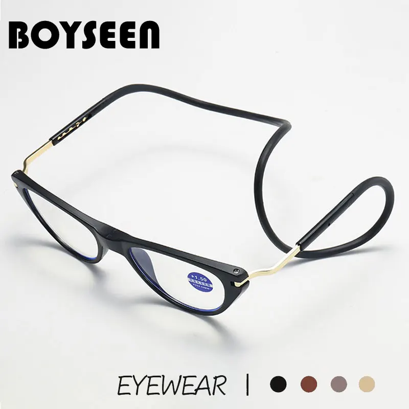 BOYSEEN Cat Eye Presbyopic Reading Glasses Women Men Anti blue light Presbyopia Scalable portable Magnetic neck suspension