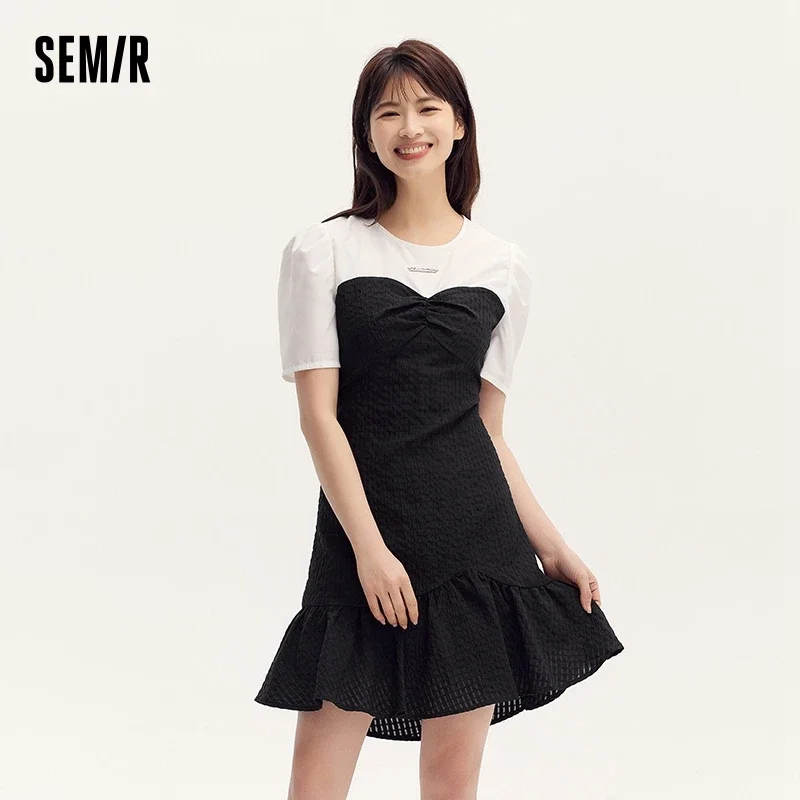 

Semir Color Block Little Black Dress Women Elegant And Commute 2024 Summer New Gentle Texture Playful Mermaid Hem Short Skirt