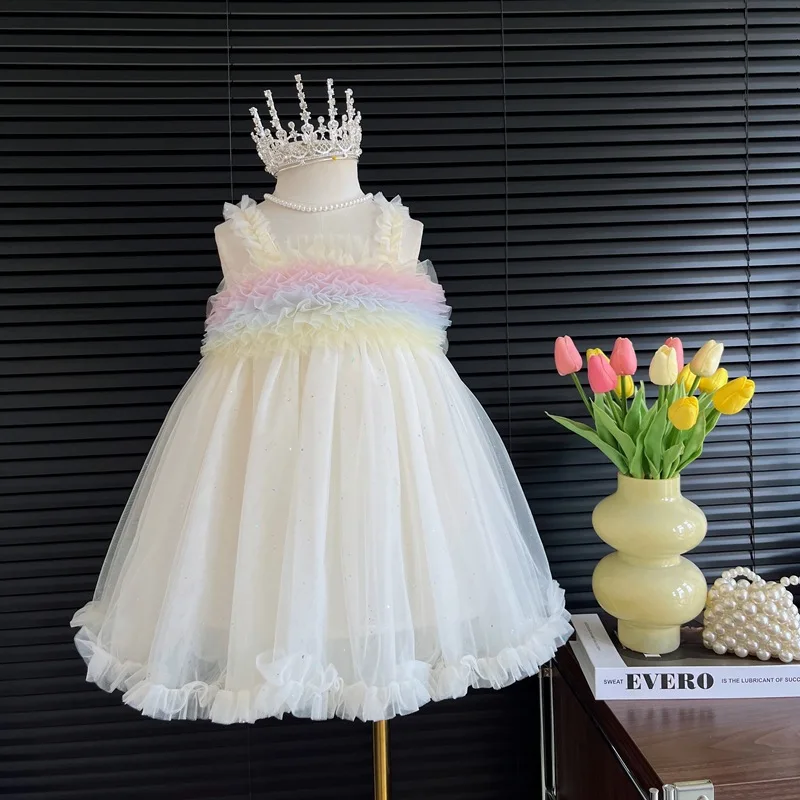 Summer Baby Girl Dress Cute Mesh Rainbow Suspender Girl Princess Dress Girl Birthday Party Dress