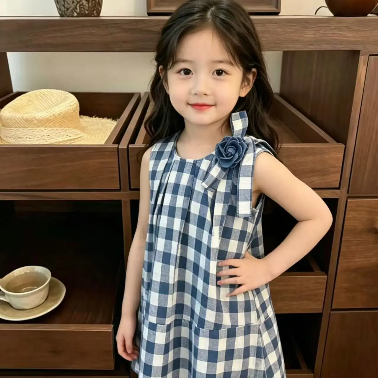 Girls' Baby Dress Summer New Fashionable Children's Checkered Sleeveless Tank Top Dress 80-130cm