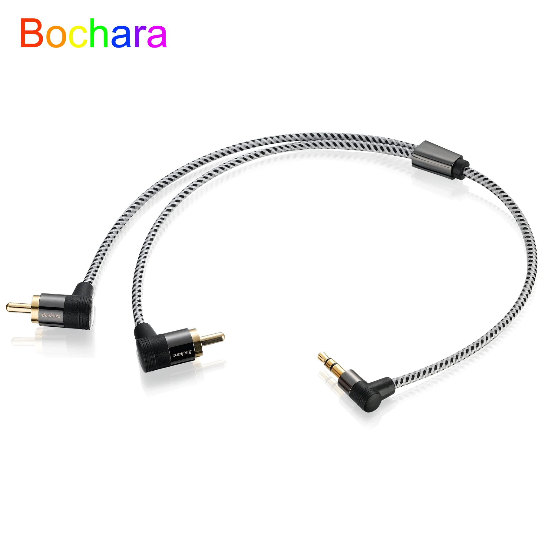 Bochara 30cm Braided 90degree 3.5mm jack TRS to 2RCA OFC Audio Cable Gold Plated For Speakers Amplifier Mixer