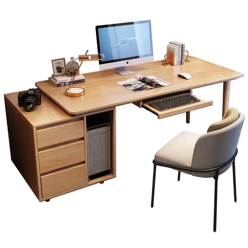 Modern Solid Wood Desk with Bookshelf Keyboard Tray Home Office Computer Writing Table for Bedroom Study