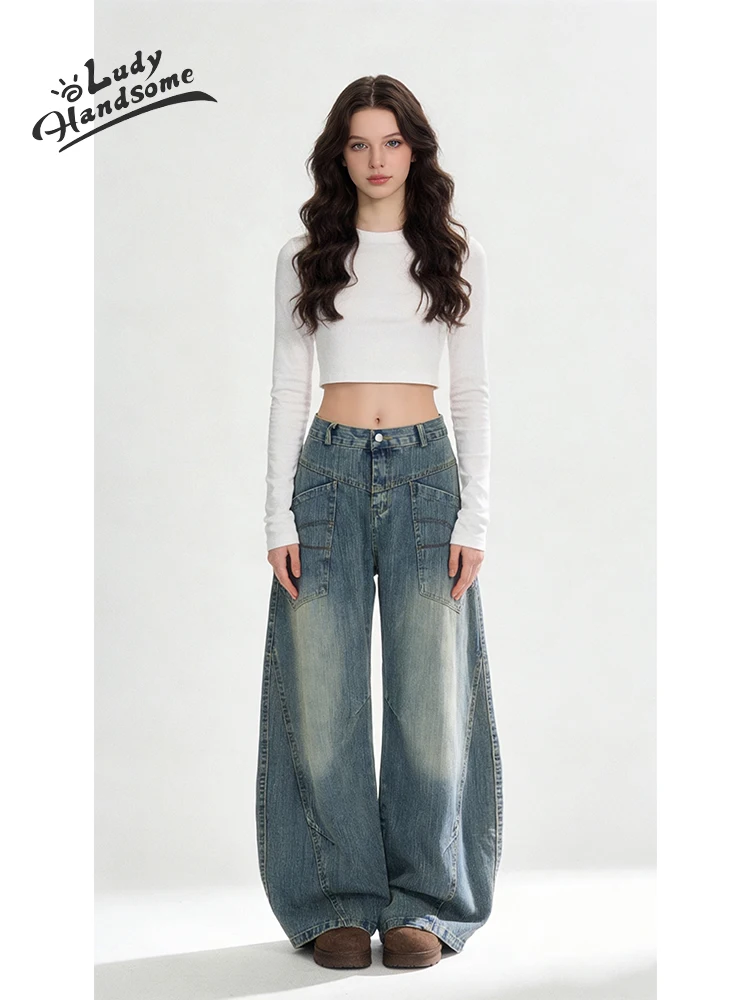 

Ретро-джинсы с вышивкой в американском стиле, широкие штанины, высокая талия, свободный крой, женские, весна-лето-осень-зима, повседневные, из смесового хлопка и полиэстера