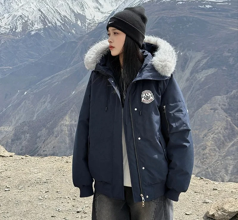 

Winter New Hooded Fur Collar Parka down Cotton Jacket Retro Warm Loose Matching Outerwear for Couples