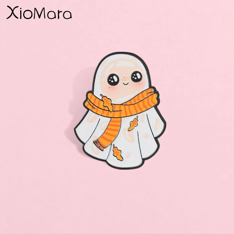 Cute Fall Ghost Enamel Pin, Little Ghost with Scarf and Maple Leaf Badge, Fashion Accessory, Halloween Gift for Lovers