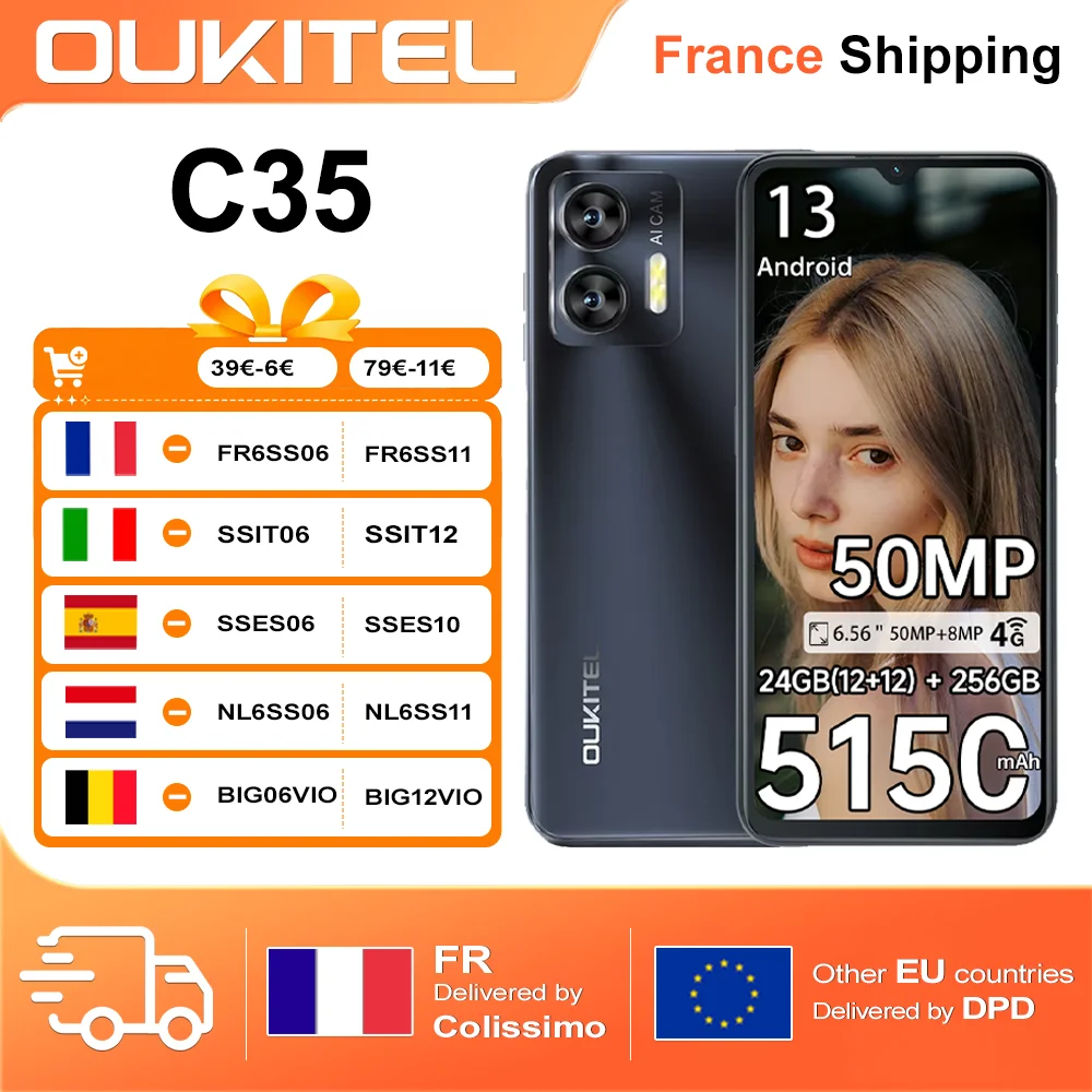 OUKITEL C35 12GB + 256GB Android 13 Smartphone 6.56 "HD + écran 50MP + 8MP caméra 5150mAh déverrouillage par empreinte digitale 4G téléphone portable