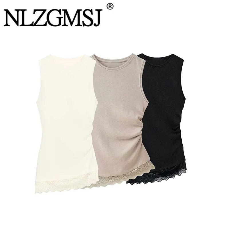 Nlzgsmj 2026 Frühling Sommer Vintage Chic Damen Ärmelloses Tanktop mit Spitzenbesatz Seitlich Gerafftes Lässiges Cami-Top