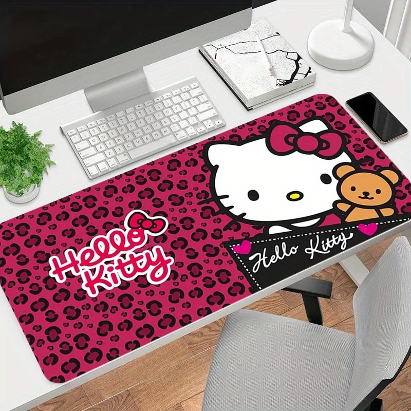 

1pc Hello Kitty Leopard Print Pink Mouse Pad & Desk Mat - Anti-Slip Washable Surface, Playful Design with Hello Kitty & Teddy Be