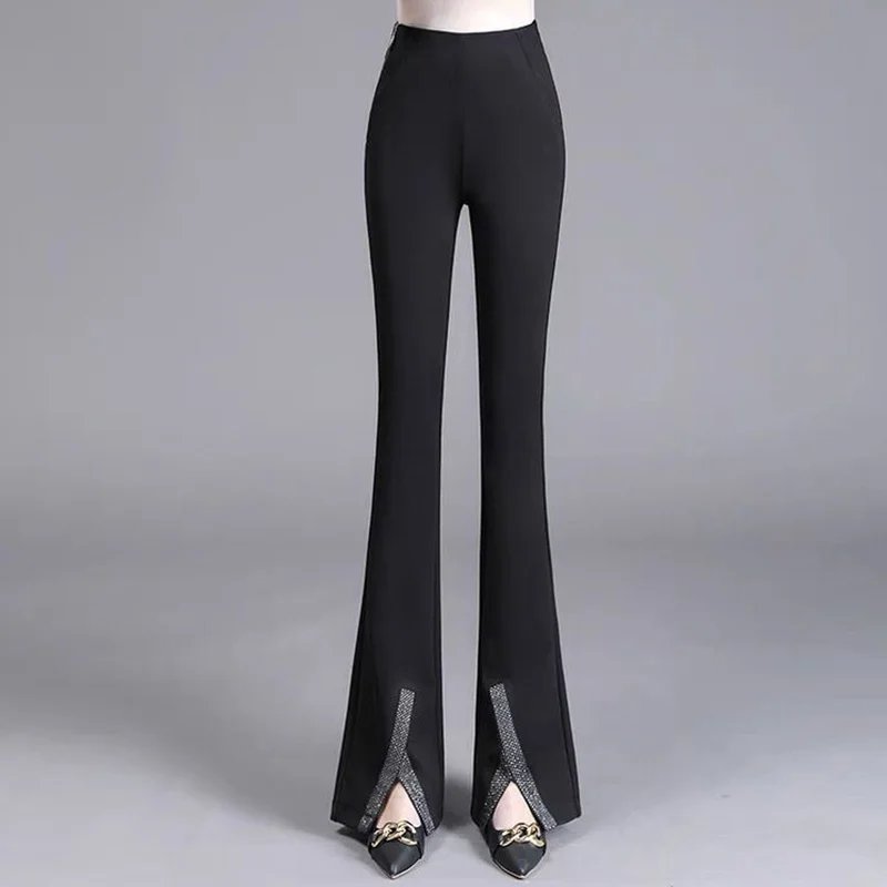 2024New Flare Ladies High Waist Autumn Winter Black Slim Fashion Trousers Women Clothes Simplicity Elegant Irregular Thick Pants