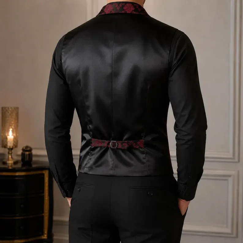 Victorian Floral Jacquard Men Suit Vest, Slim Fit Lapel Waistcoat Formal Wedding Banquet Party Business Sleeveless Tops