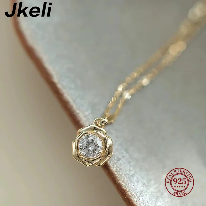 Jkeli 925 Sterling Silver Plated 14k Gold Shiny Zircon Flower Necklace for Women Girl Korean Temperament Exquisite Jewelry Gifts