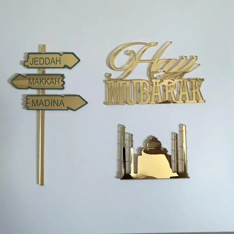 Oferta Imperdível: Kit 3 Peças Douradas para Decoração de Bolo e Pingente - Umrah Mubarak e Hajj Mubarak