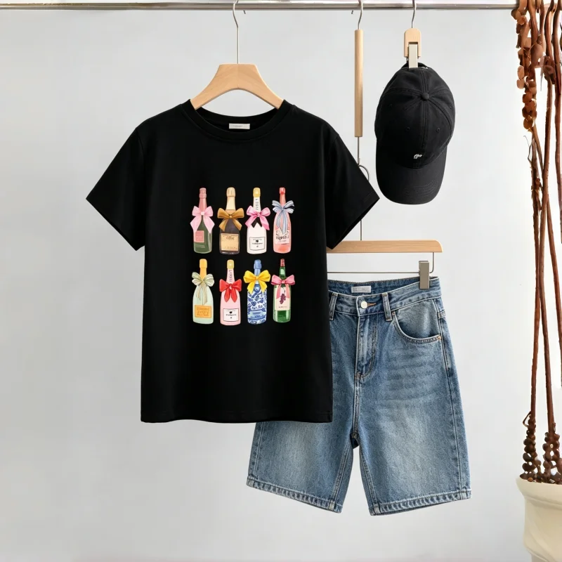 Y2K Bow Champagne Bottle Graphic Tee Women Aesthetic Summer Casual Short Sleeve T-Shirt