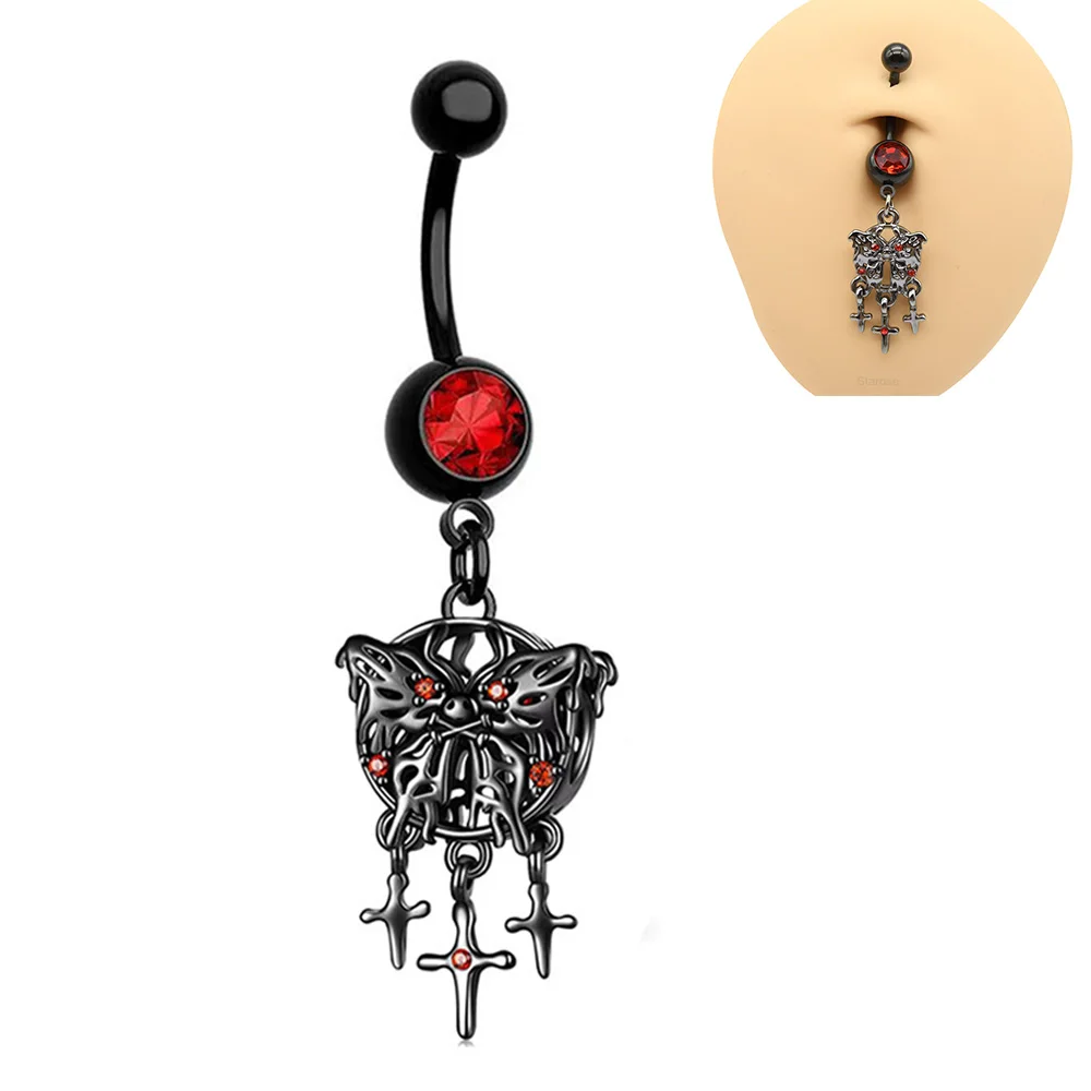 Starbeauty New Punk Butterfly Navel Piercing Ombligo 14G Curved Bar Red Crystal Belly Piercing Cross Dangle Belly Button Rings