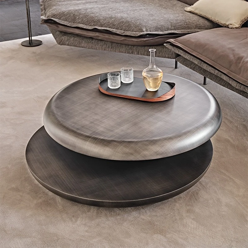 Italian light luxury round coffee table villa living room household stainless steel rotating coffee table