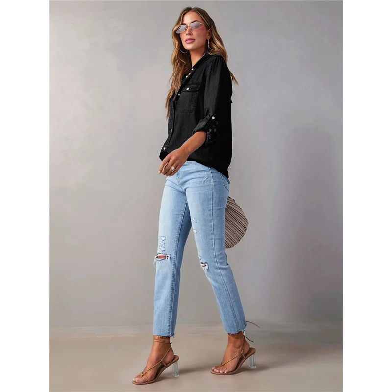 AOAO-Women Button Down Denim Shirts Casual Long Sleeve V Neck Chambray Blouse Top