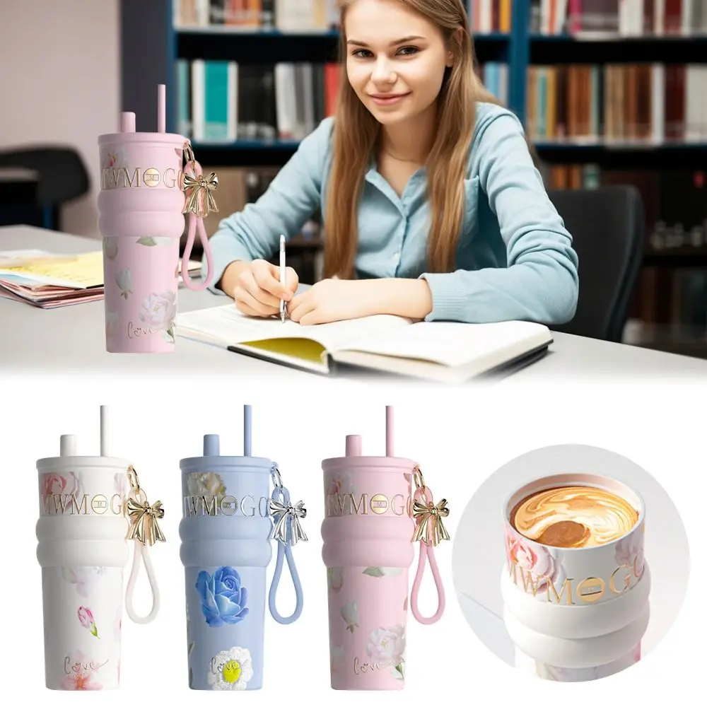 

Изолированная чашка большой емкости, 710 мл, керамическая внутренняя подкладка, студенческая чашка для питья с цветочной подвеской, пылезащитная соломенная чашка для воды