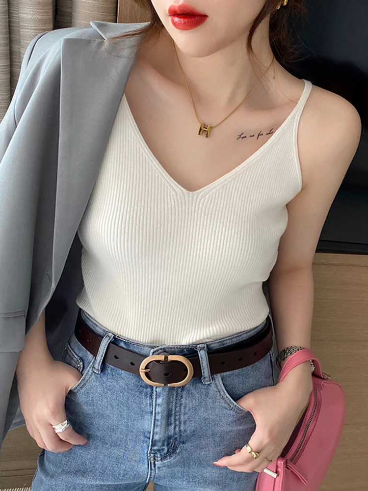 Korea Summer Tops 2026 New Solid V-Neck Elastic Knitted Suspender Camis Women's Tanks Clothing Basics Shirt