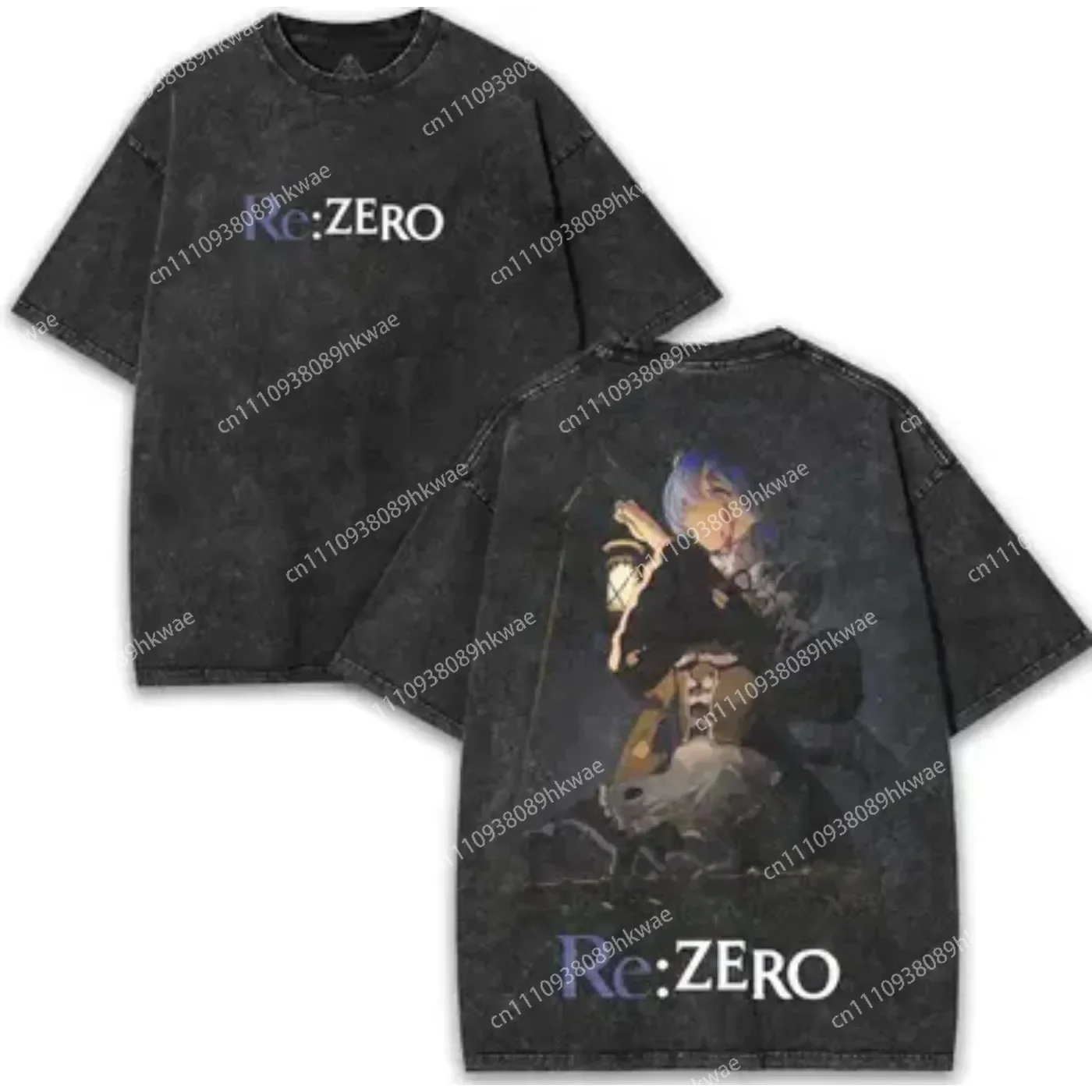 Anime Re:ZERO Oversized T-shirt, Rem Print with Logo Casual Streetwear Washed Black Tee For Men Women