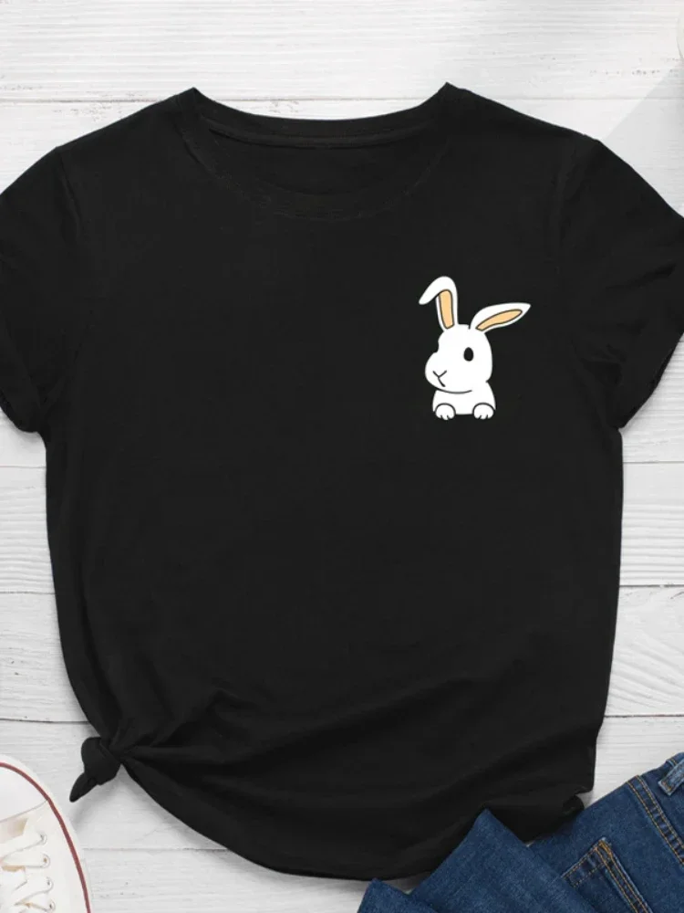 

Kawaii Pocket Bunny Print Women T-shirt Harajuku Round Neck Loose Short Sleeve T Shirt Ladies Tee Fashion Unisex Clothes Top Y2k