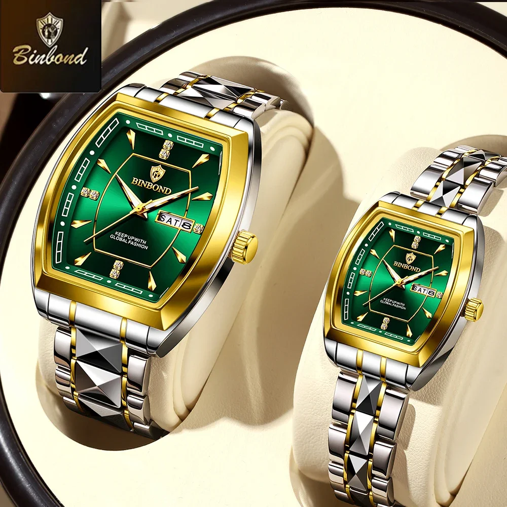 BINBOND New 2pcs/Set Square Couple for Watch Fashion Stainless Men Ladies Quartz Watch Lover Waterproof Date Week Luminous Watch