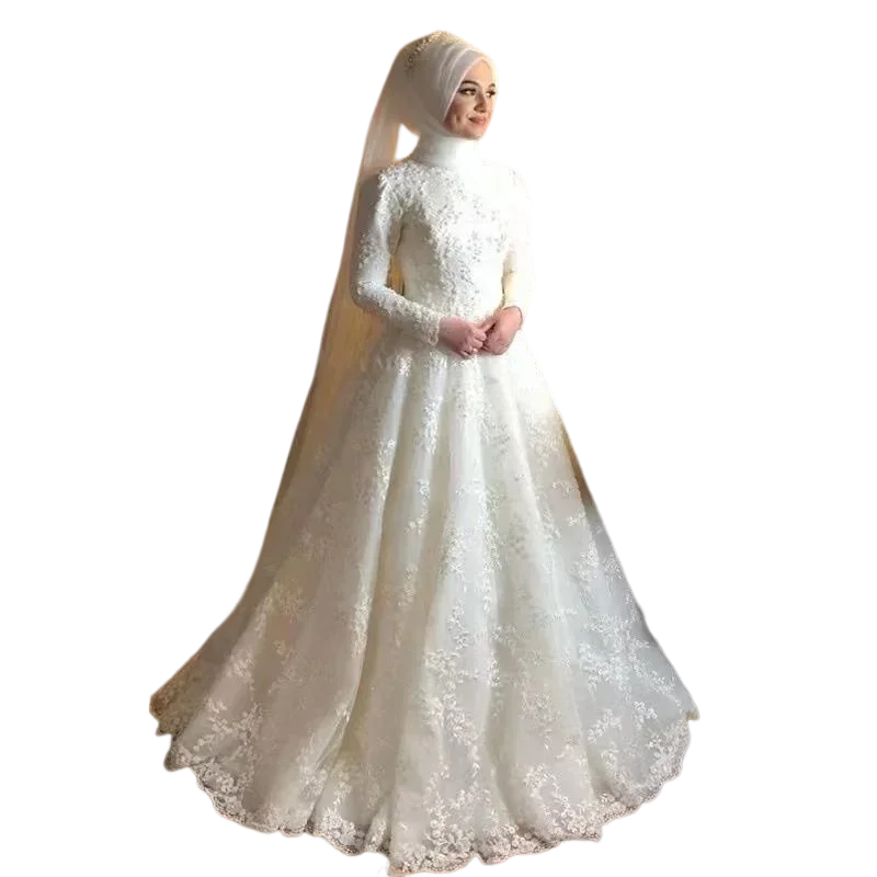

Индивидуальные арабские мусульманские кружевные свадебные платья Robe De Mariee с скользящим шлейфом и высоким воротом и длинными рукавами, свадебные платья