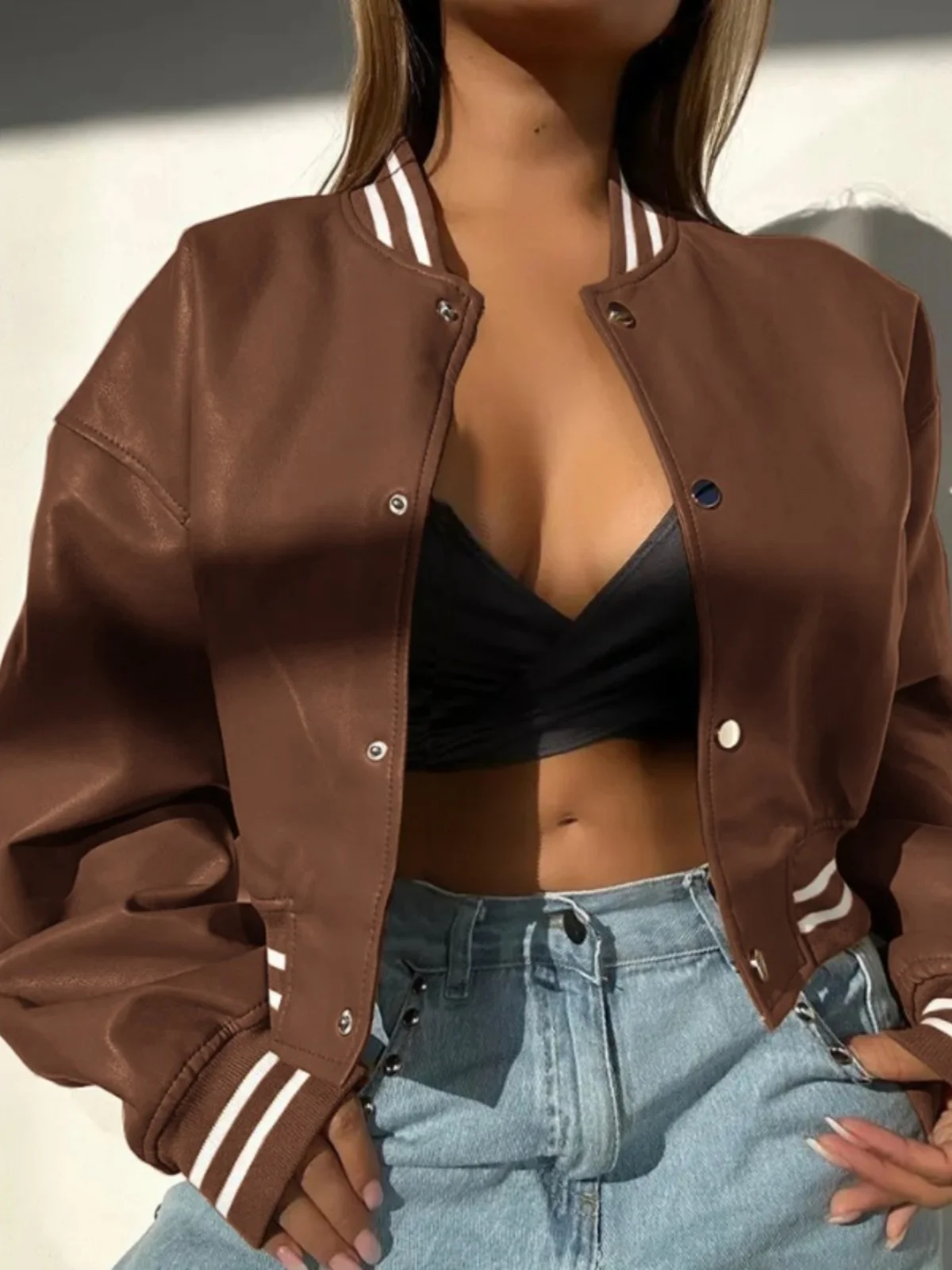 Street Sle Loose Fit ort PU Leather Jaet Single Button Moto Jaet Simple Design Autumn Winter New Faion Women's Coat