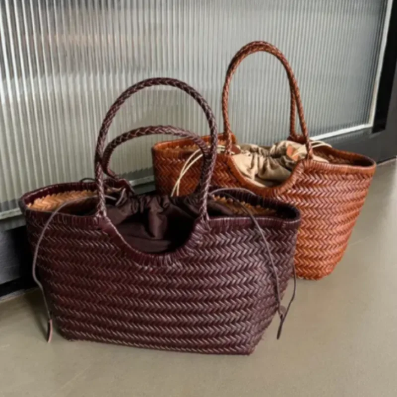 French Hand-woven Genuine Leather Tote Bag,Large Vegetable Basket Bag With Casual Woven Inside Bag,Shoulder Underarm Tote Bag