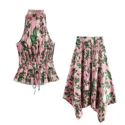 2024 ZAR4 Summer New Women's Versatile and Stylish Printed Small Pleated Top and Printed pleated skirt