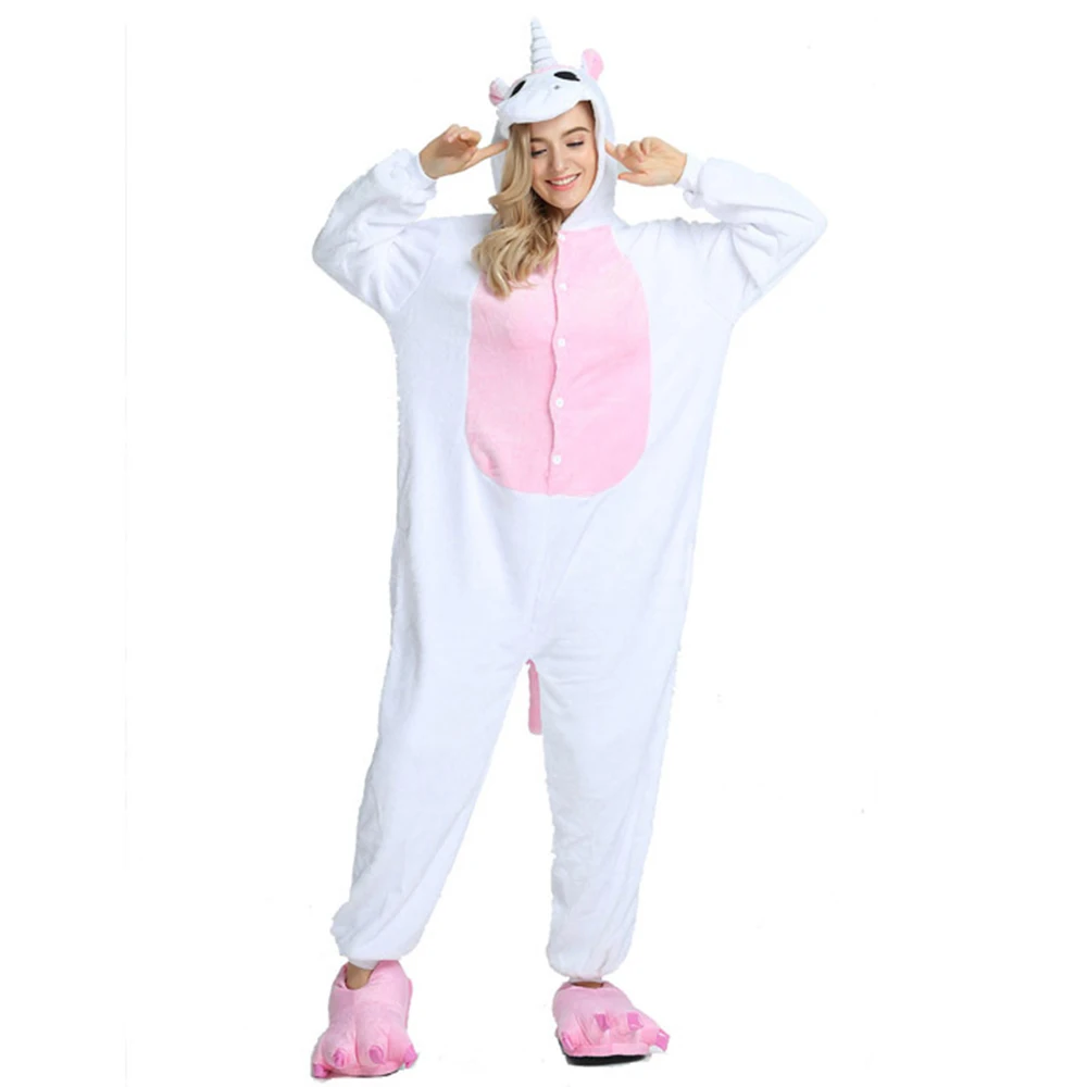 Pink and White Cartoon Animal Warm Hooded Pajamas Women Kigurumi Unicorn Cosplay Costume One-piece Sleepwear Adults Loungewear