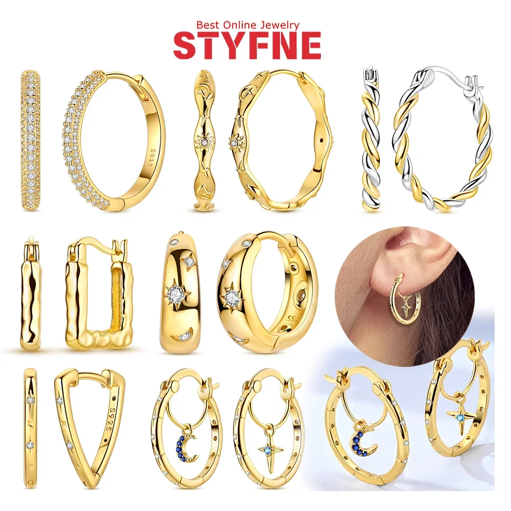

925 Silver Golden Square Beat Pattern Earrings Shiny Zircon Sun Moon Star Earrings Making Fashion Jewelry for Women Girl Party