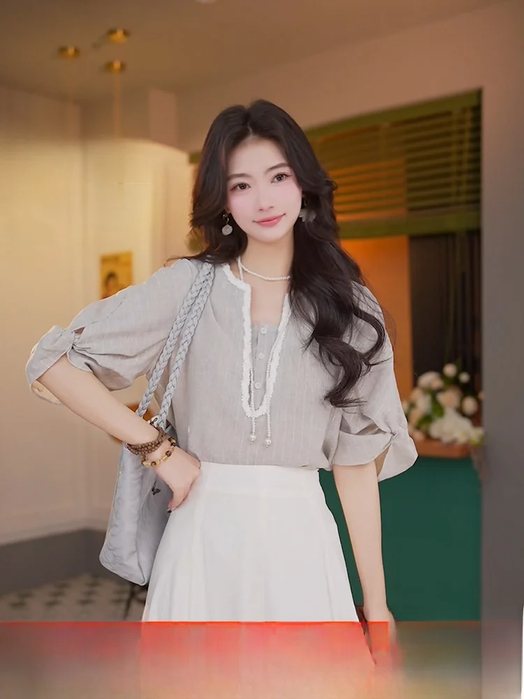 

Женская полосатая футболка Ding Jiaxin LouTu с коротким рукавом, повседневная, свободного кроя, летняя, модная, тонкая, из полиэстера, стандартной длины