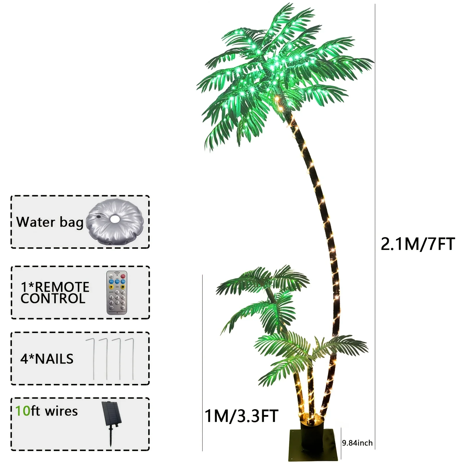 ต้นปาล์มประดิษฐ์สูง 7 ฟุต พร้อมไฟพลังงานแสงอาทิตย์ 260 ดวง สำหรับตกแต่งบาร์ทีกิกลางแจ้ง ตกแต่งคริสต์มาส ลานบ้าน ชายหาด สระว่ายน้ำ งานปาร์ตี้