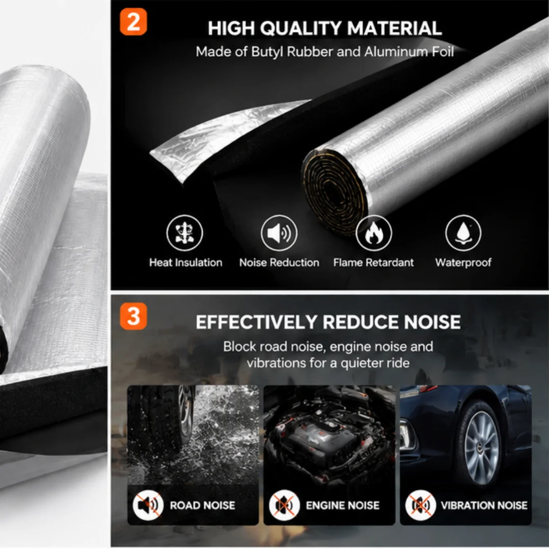 2pcs of silver car soundproof mats, size 50cm x 200cm, self-adhesive thermal insulation foam rolls, suitable for car doors, roof view 3