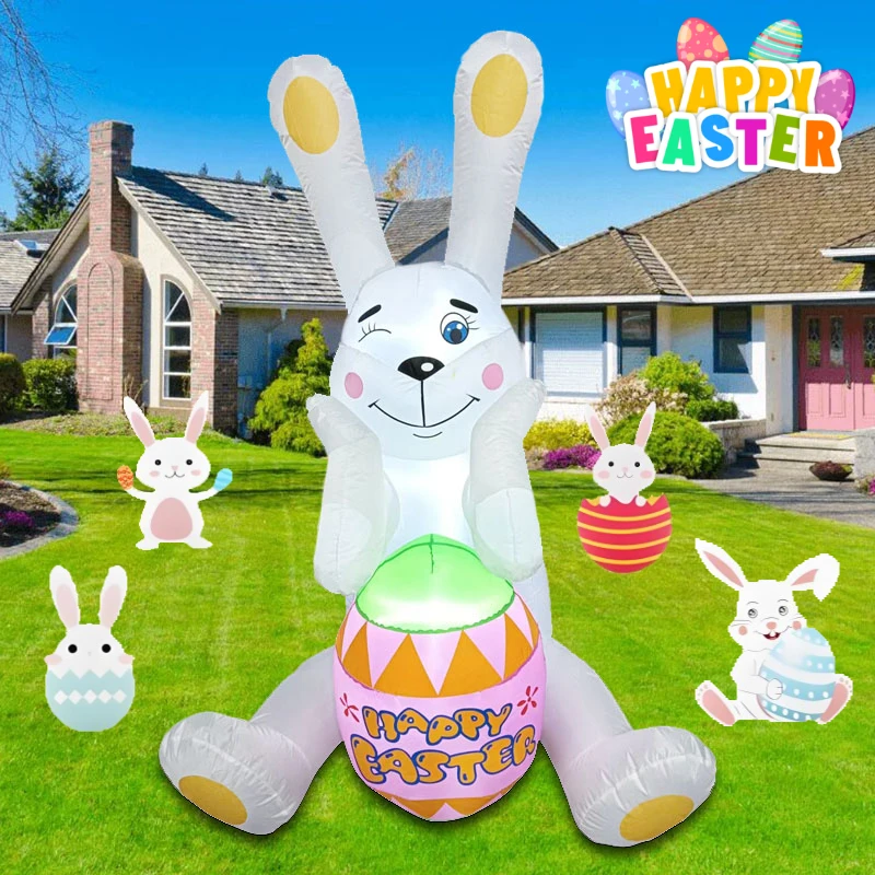 1.8M/6FT Happy Easter Inflatable Toys Blinking Rabbit Hold Egg Decorations with LED Lights Model Outdoor Decor Garden Ornaments